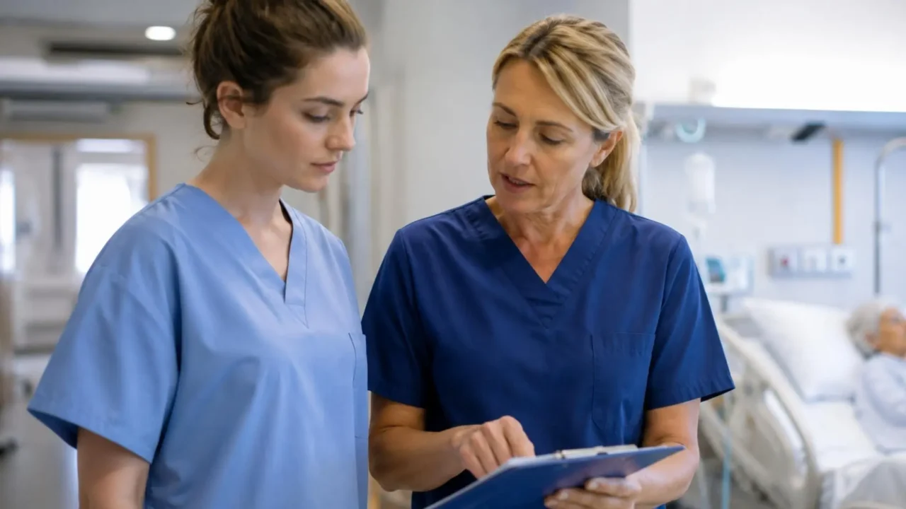 متدرّبة تمريض تتلقى توجيها من ممرضة خبيرة ضمن أوسبيلدونغ الصحة في ألمانيا